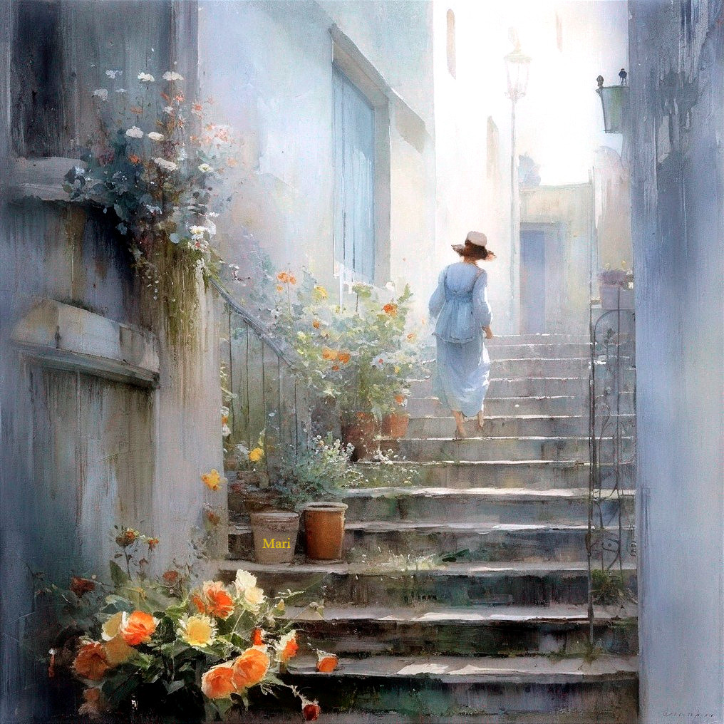 Woman in White Dress on Flower-Adorned Staircase
