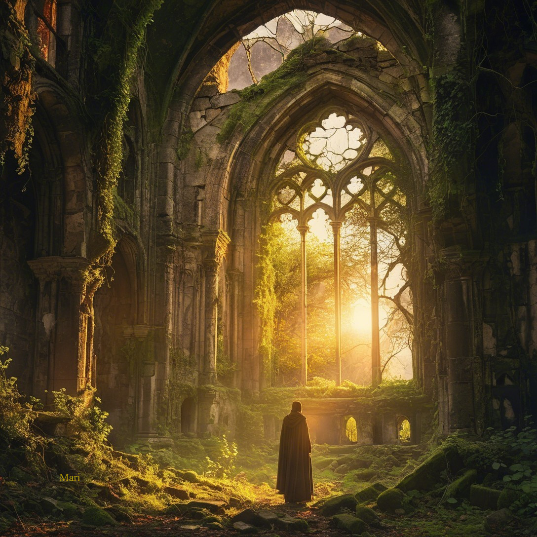 Solitary Figure in a Moss-Covered Gothic Ruin
