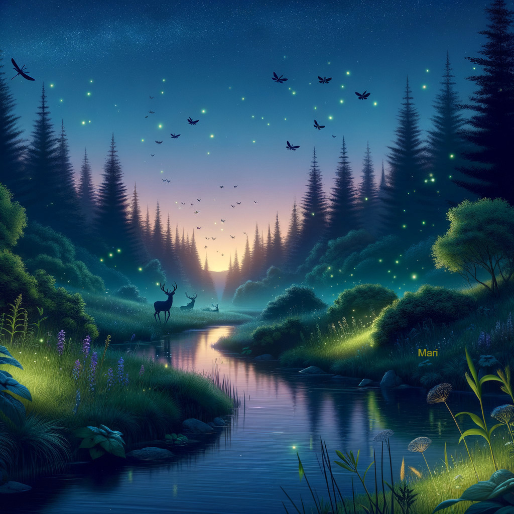 Tranquil Night Scene with Fireflies and Wildlife