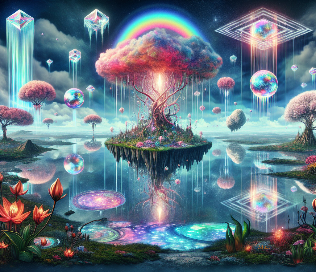 Surreal Landscape with Rainbow Tree and Geometric Shapes