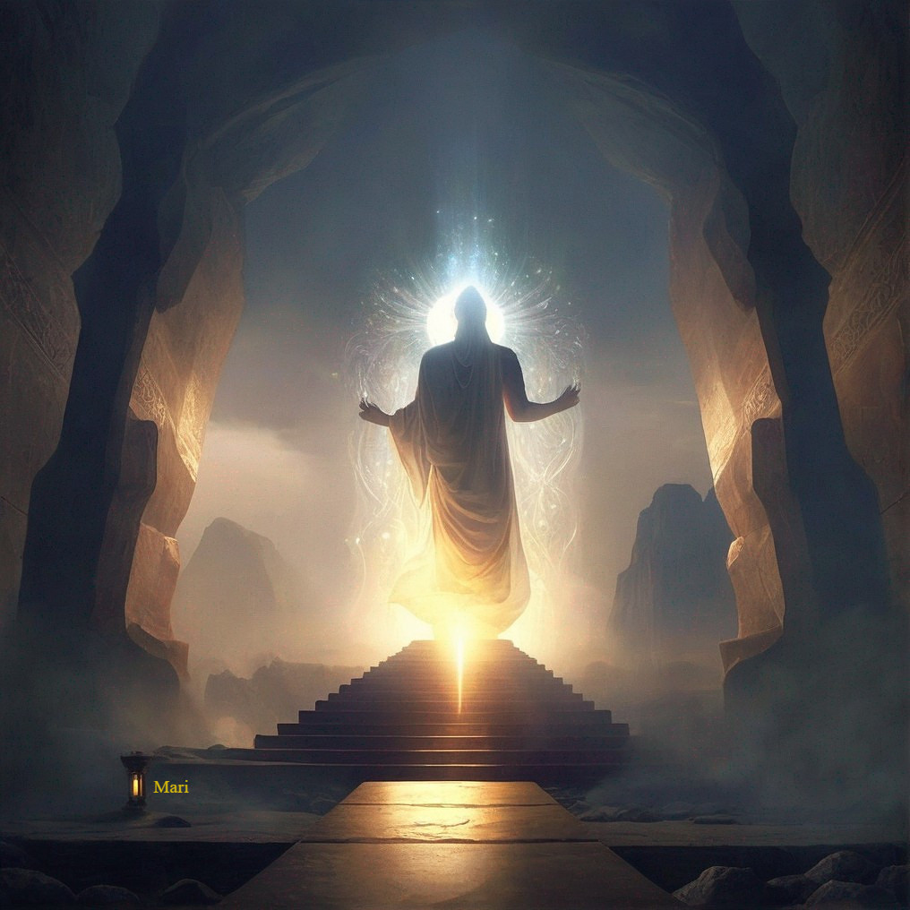 Serene Figure at Mystical Cave Entrance with Light