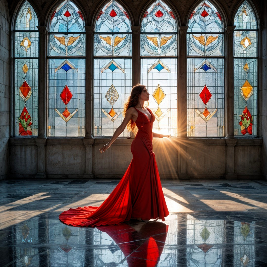 Graceful Figure in Red Dress in Sunlit Room