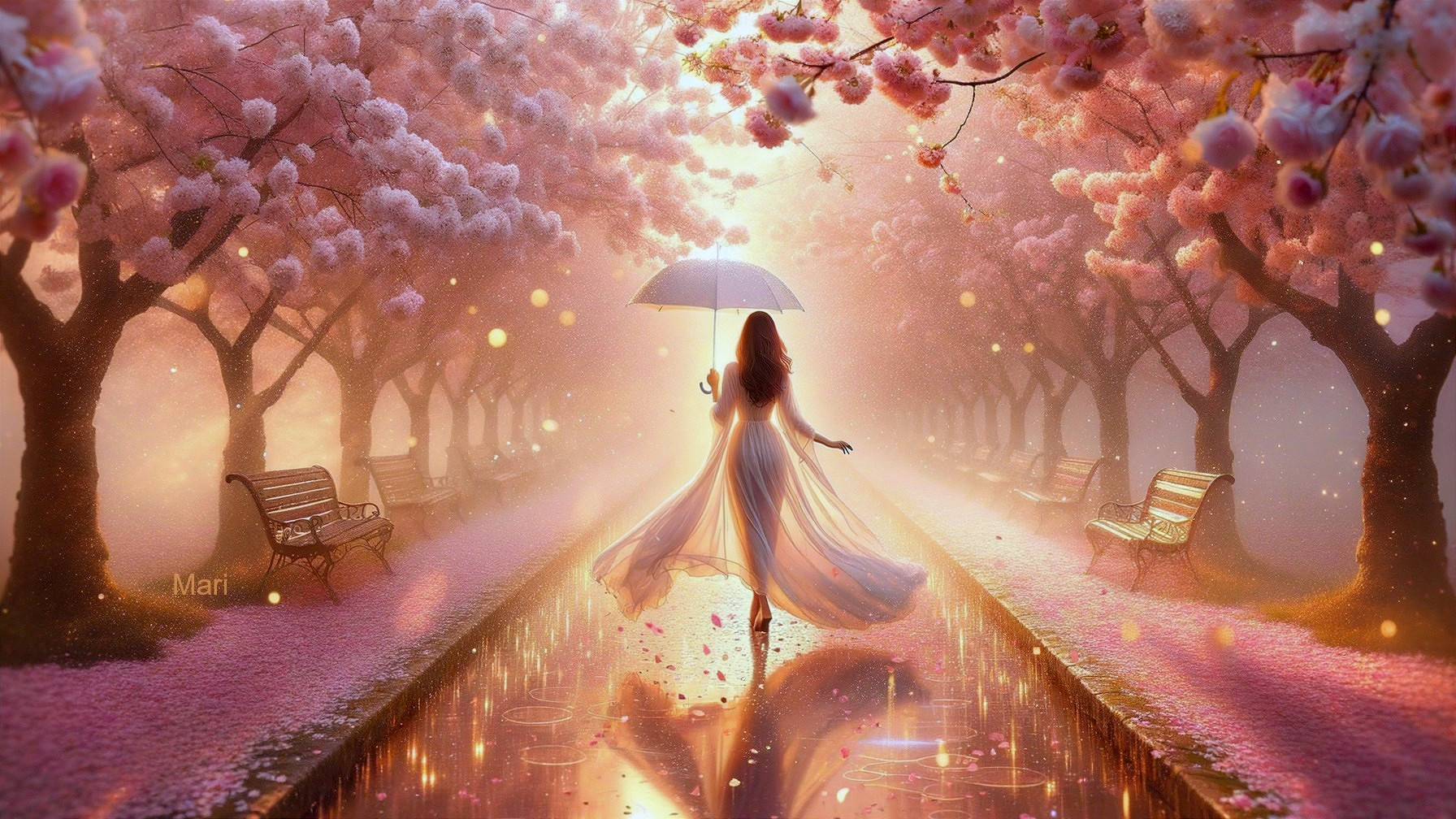 Woman Walking Under Cherry Blossoms with Umbrella
