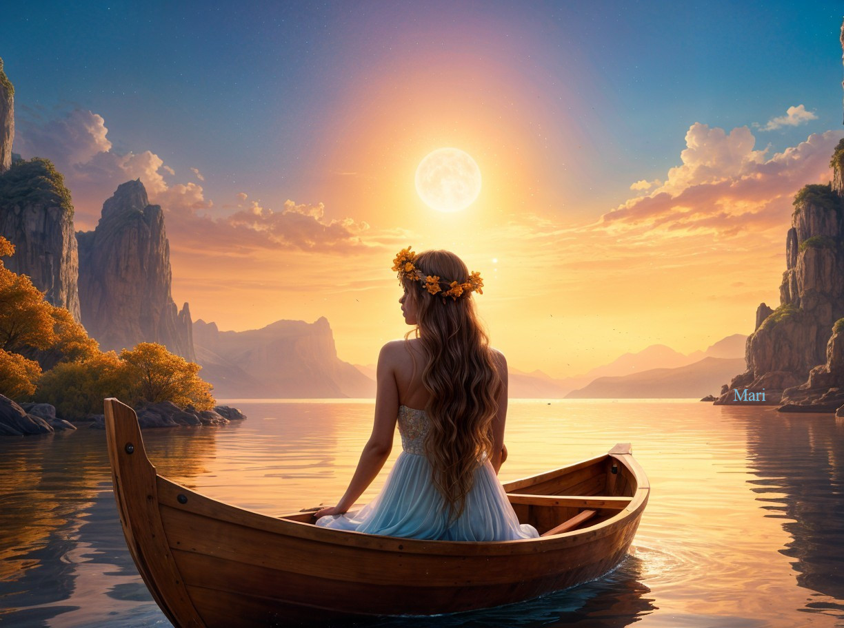 Sunset Scene with Woman in Boat and Cliffs