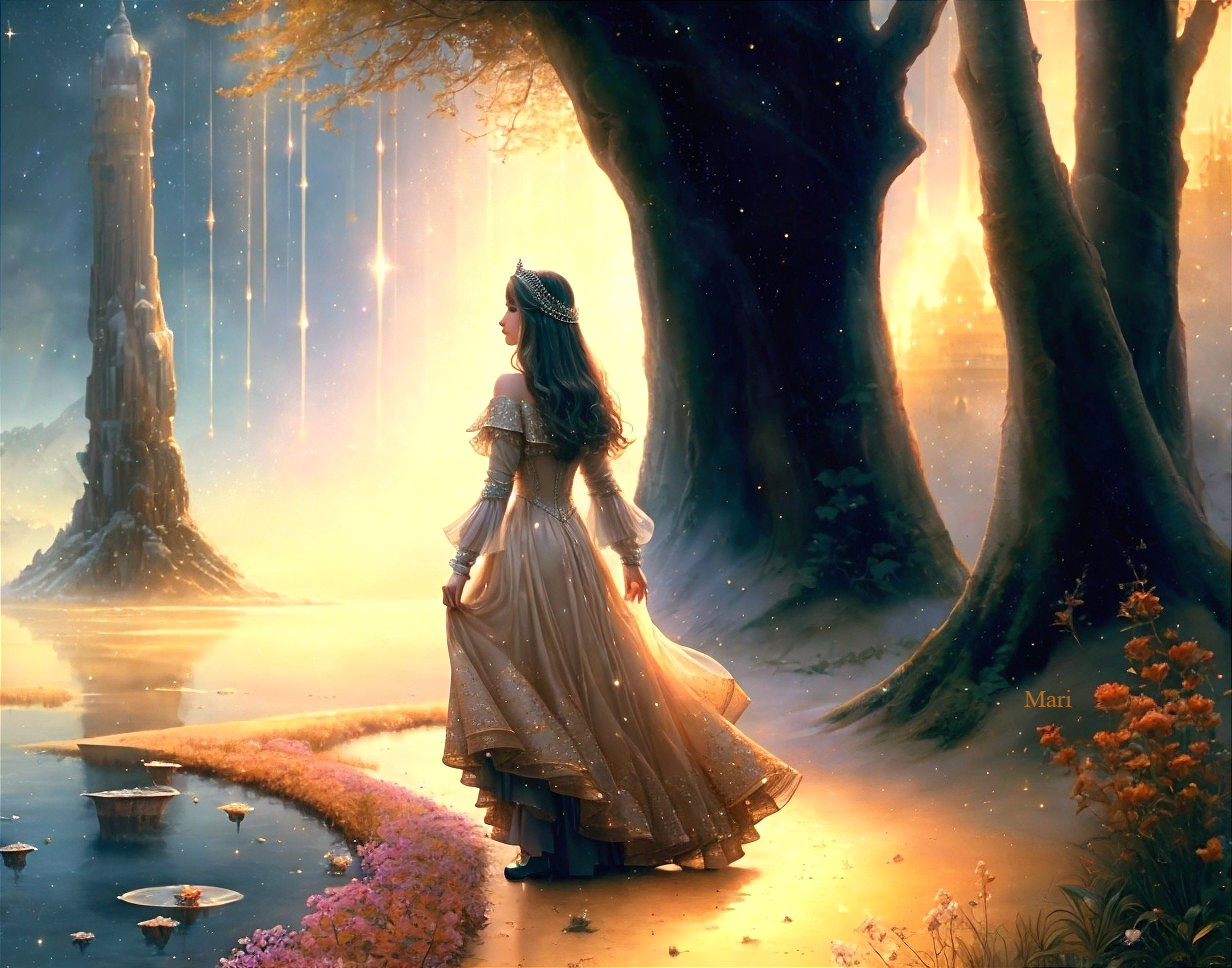 Fairy-Tale Scene with Woman by Tranquil Waterway