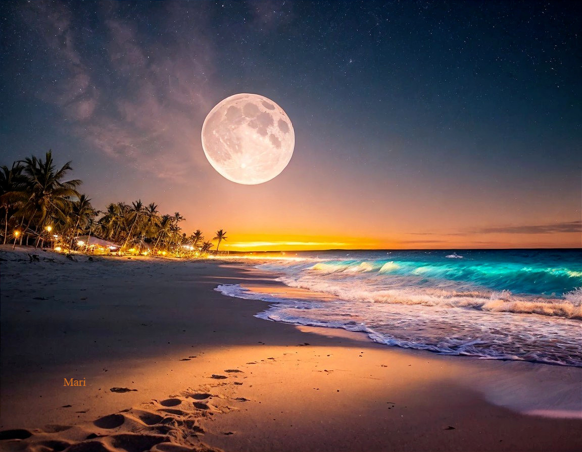 Twilight Beach Scene with Moon and Sunset Reflections