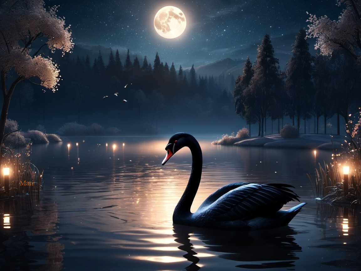 Majestic Black Swan on a Moonlit Lake Scene
