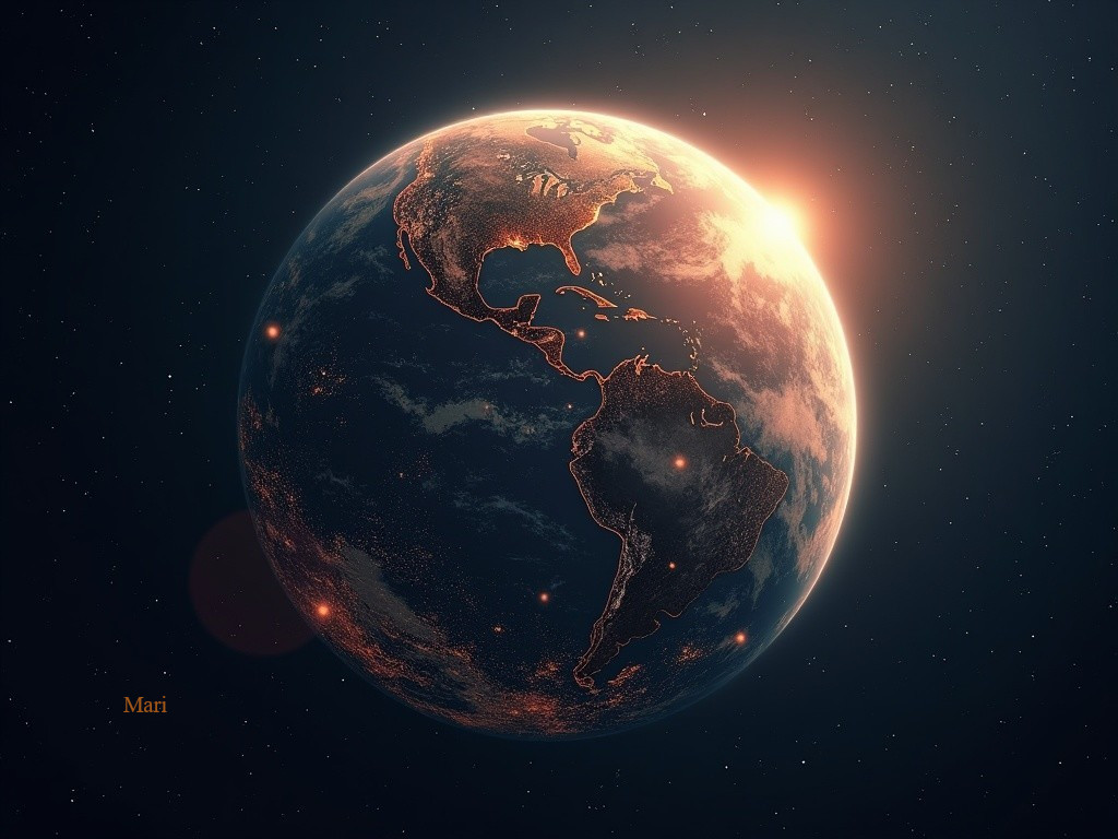 Earth from Space with Americas at Sunrise and Stars