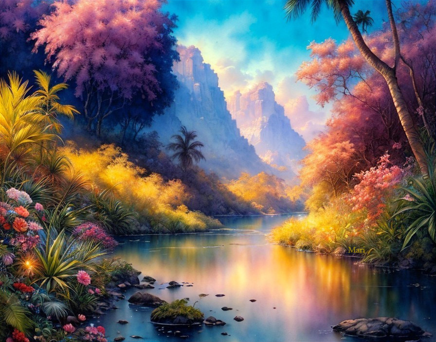 Vibrant River in Lush Greenery and Colorful Flowers