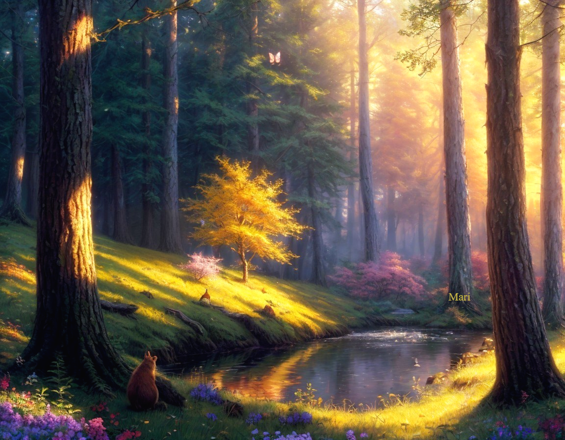 Serene forest scene with sunlight and a tranquil pond