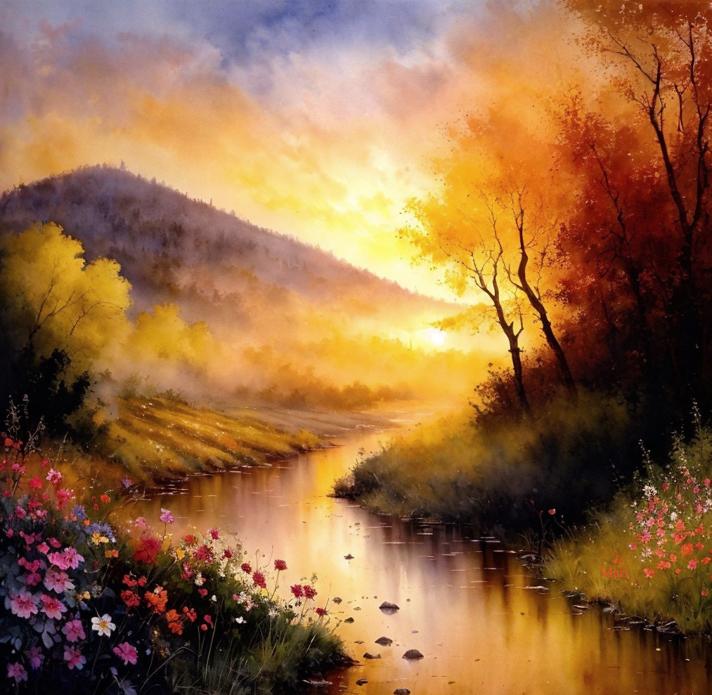 Serene Sunrise Landscape with Winding River and Mist