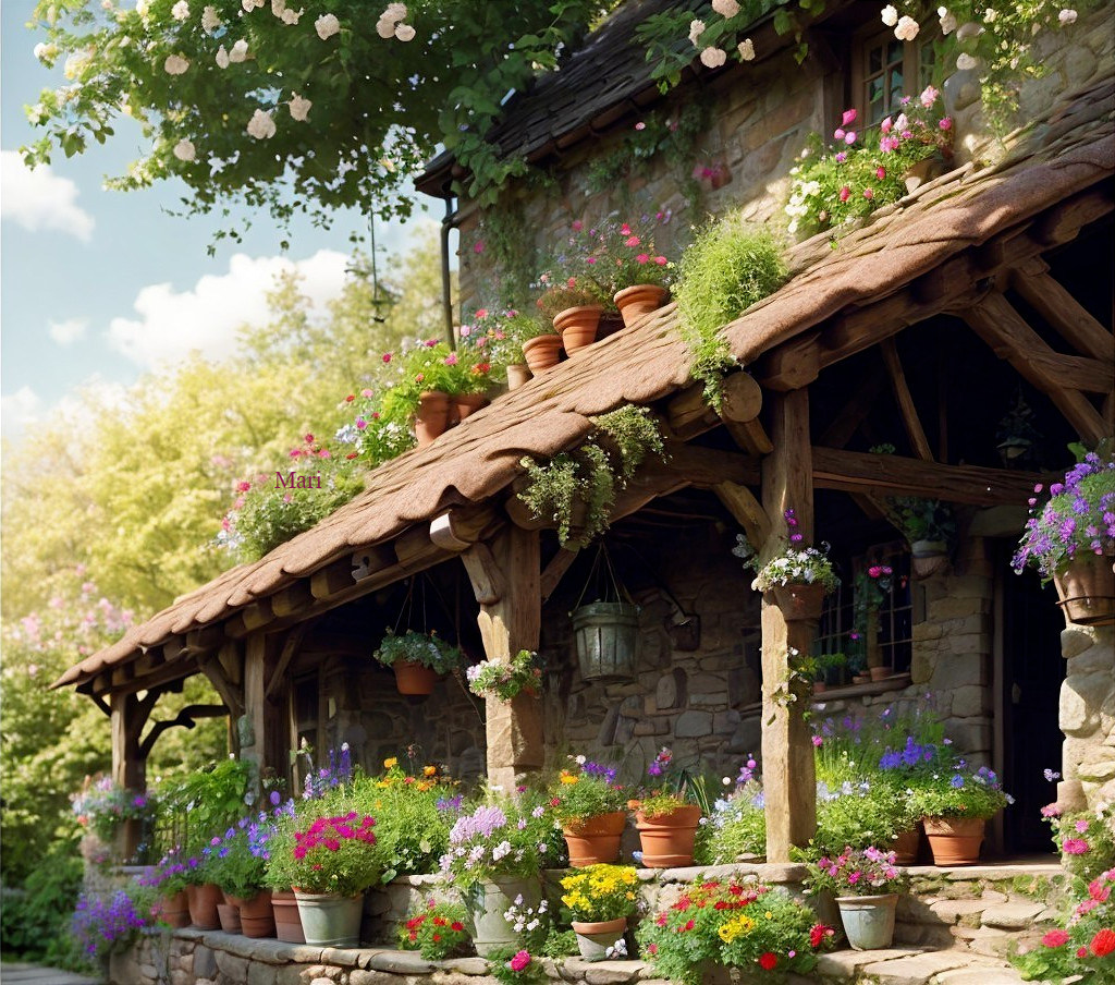 Charming Stone Cottage with Thatched Roof and Flowers
