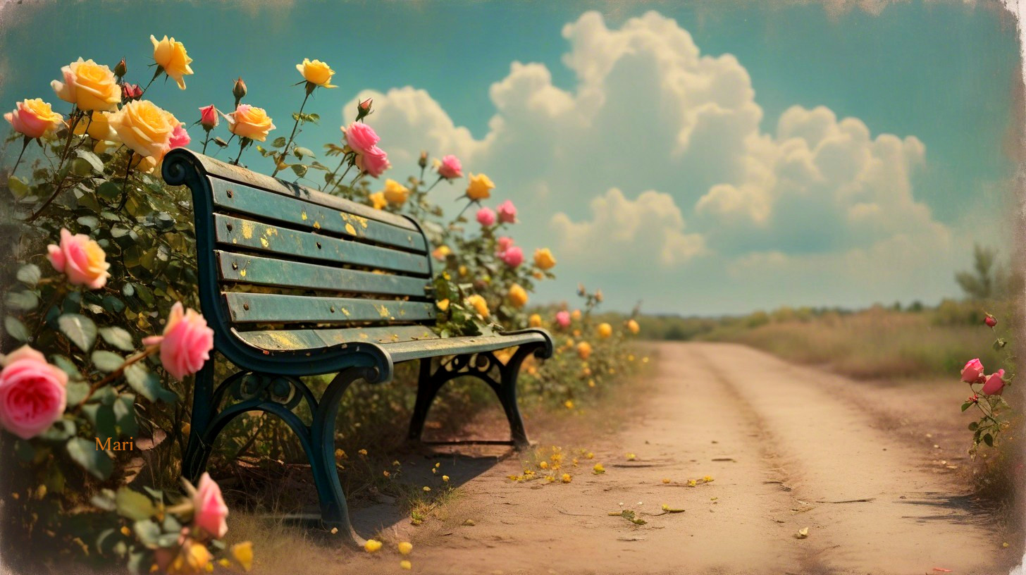 Rustic Green Bench by Vibrant Rose Bushes on Path