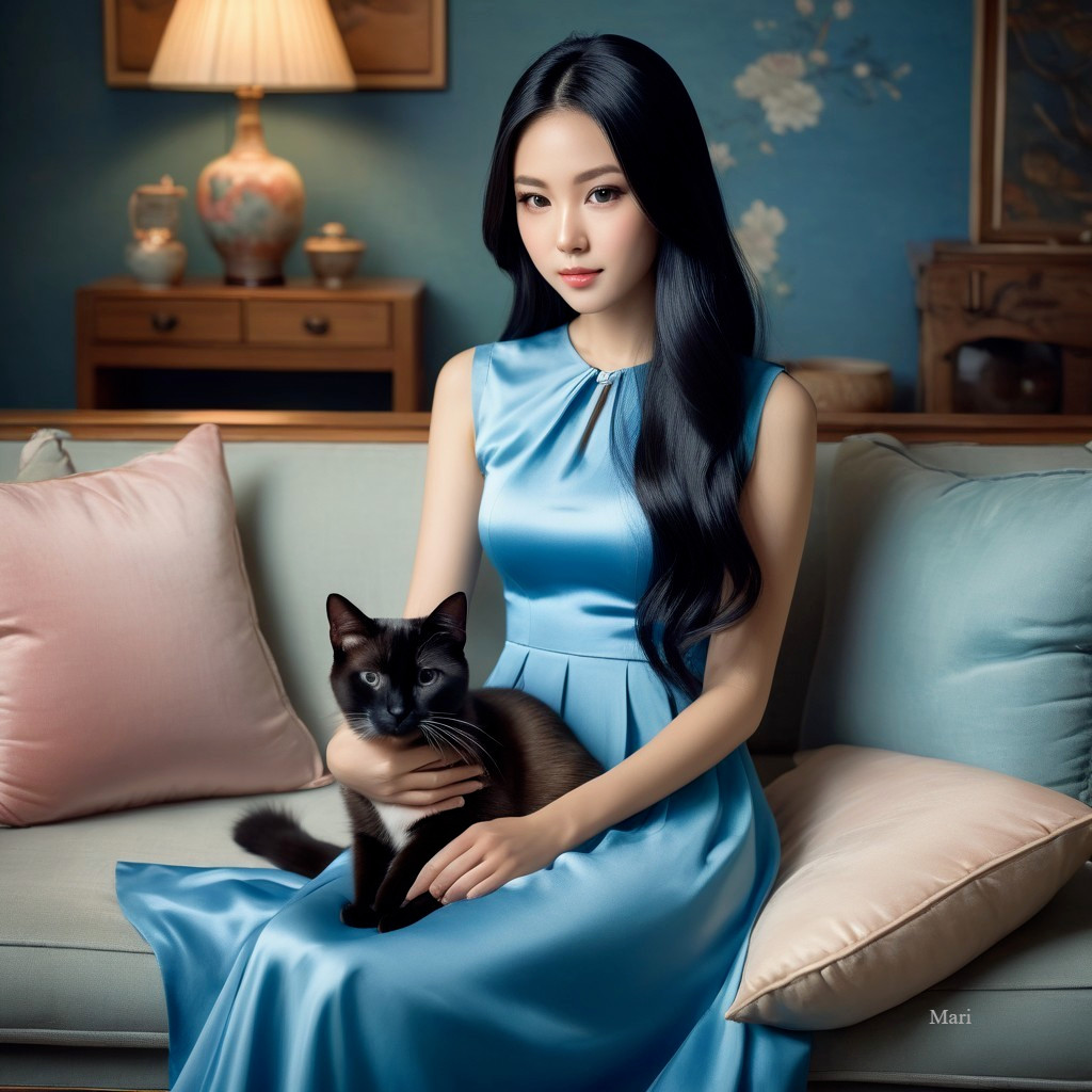 Elegant Woman with Cat in Vintage Decor Setting