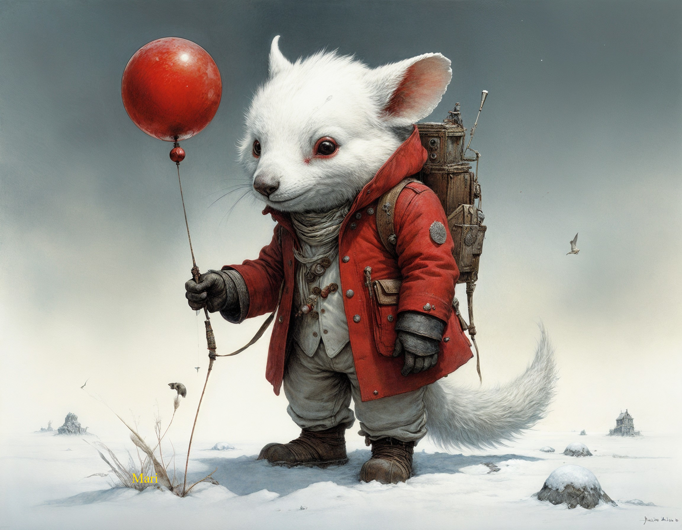 Whimsical Creature in Snowy Landscape with Balloon