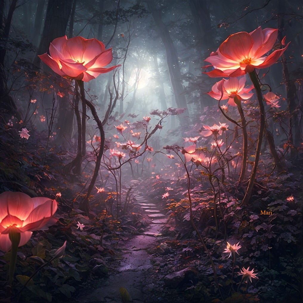 Mystical Forest with Luminescent Flowers and Fog