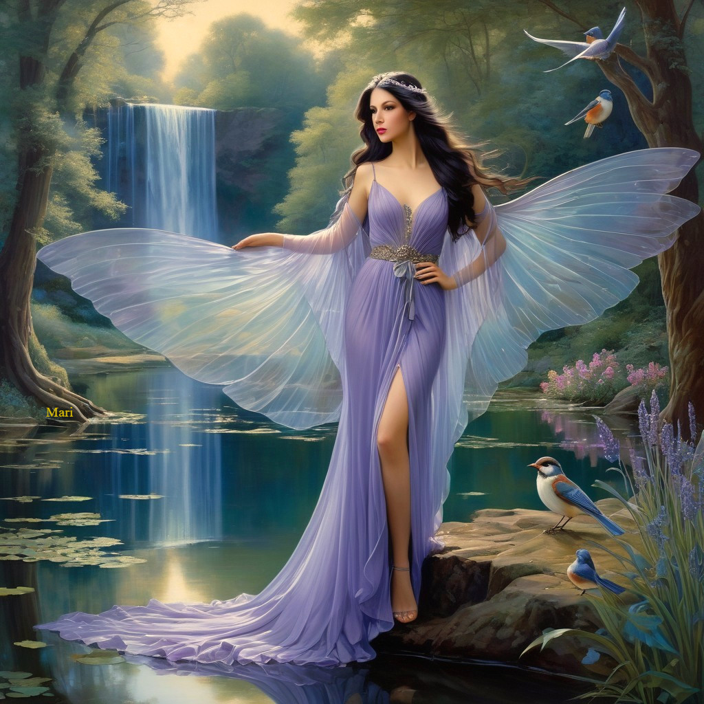 Mystical Woman with Wings by Serene Lake and Waterfall