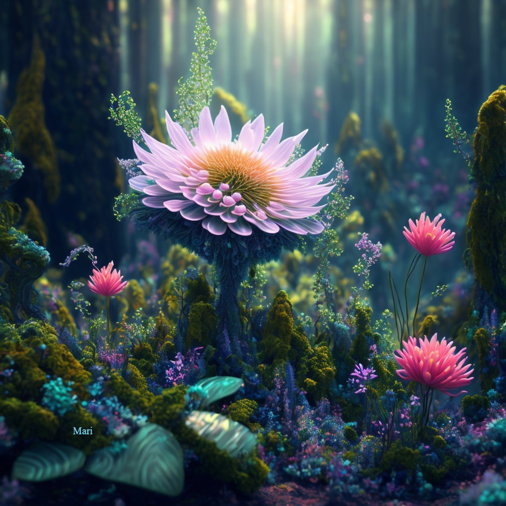 Enchanting Forest Scene with Luminous Pink Flower