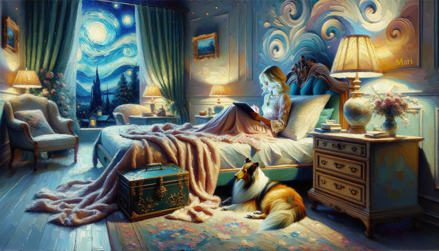 Cozy Bedroom Scene with Woman Reading Under Stars