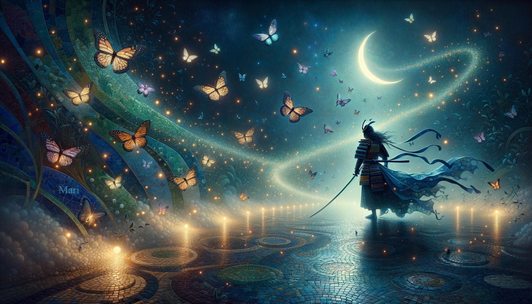 Moonlit Samurai in a Fantastical Butterfly Scene