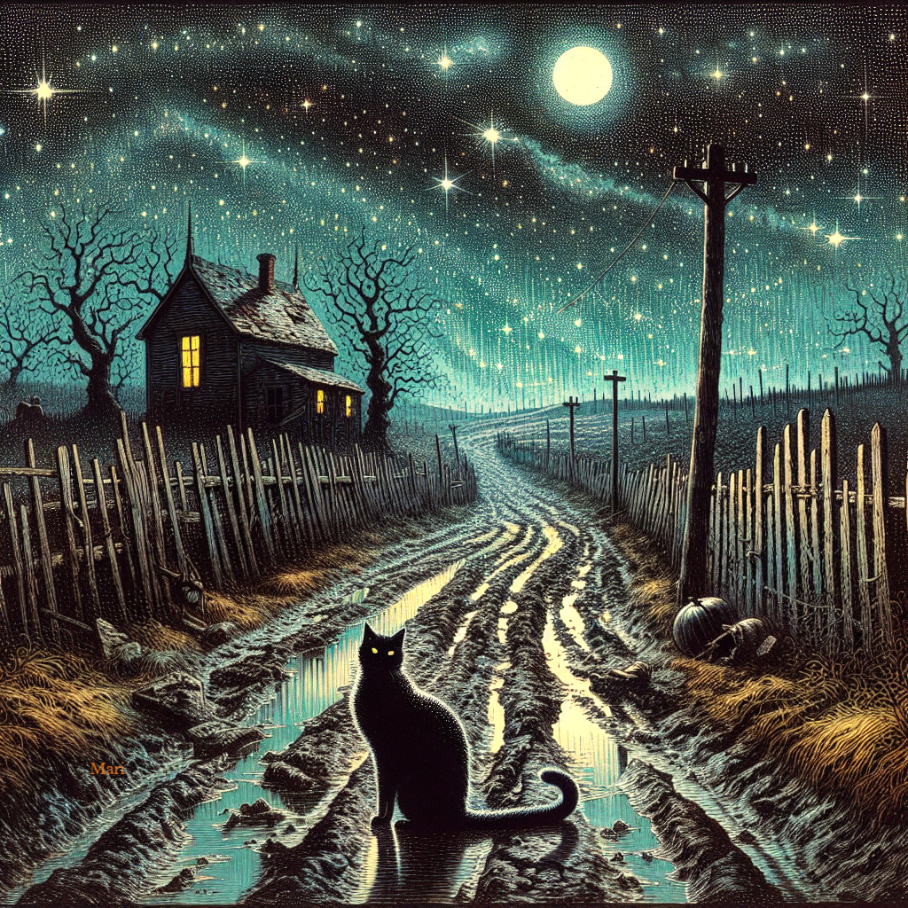 Winding Road to Solitary House Under Starry Night