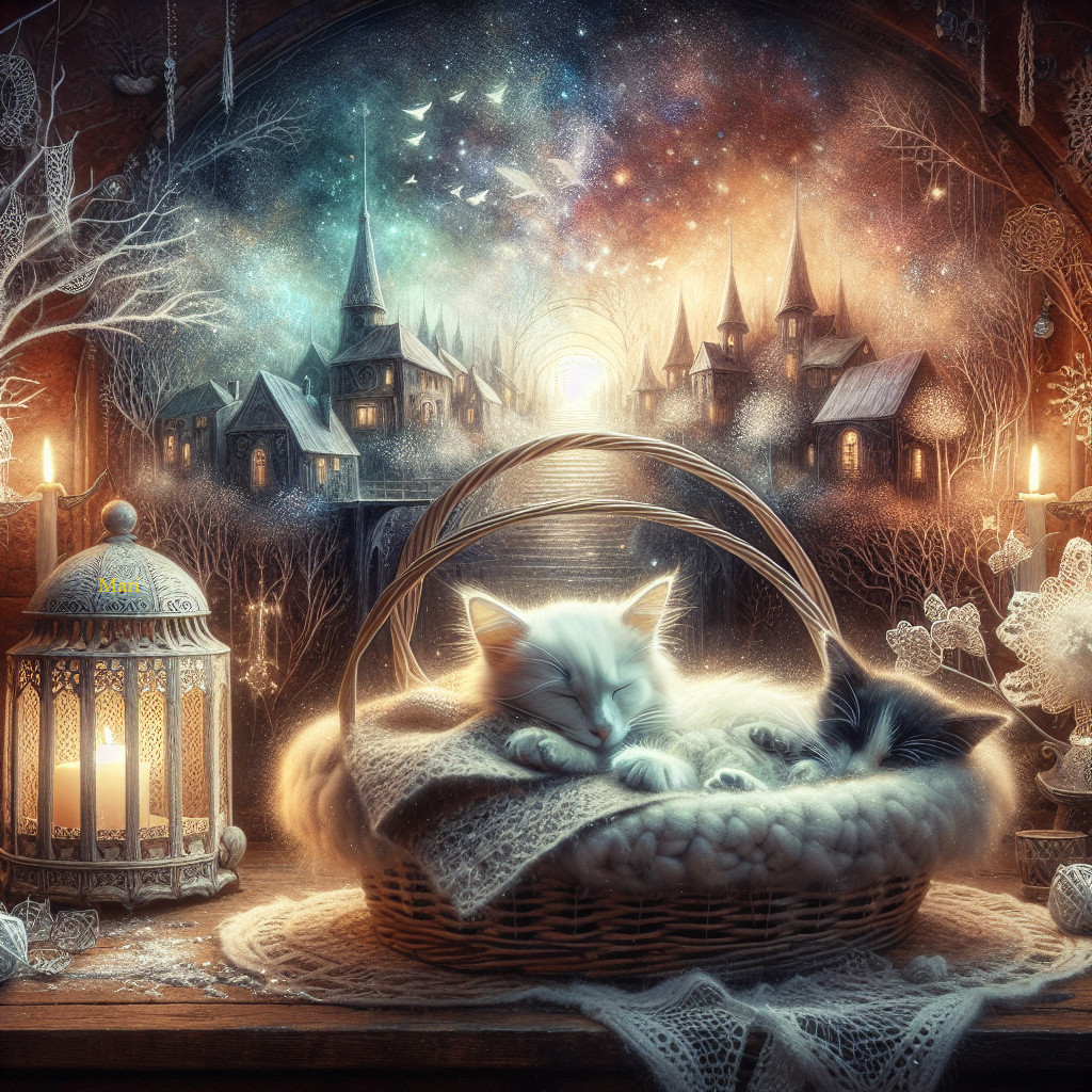 Cozy Kittens in a Magical Winter Scene with Lantern Light