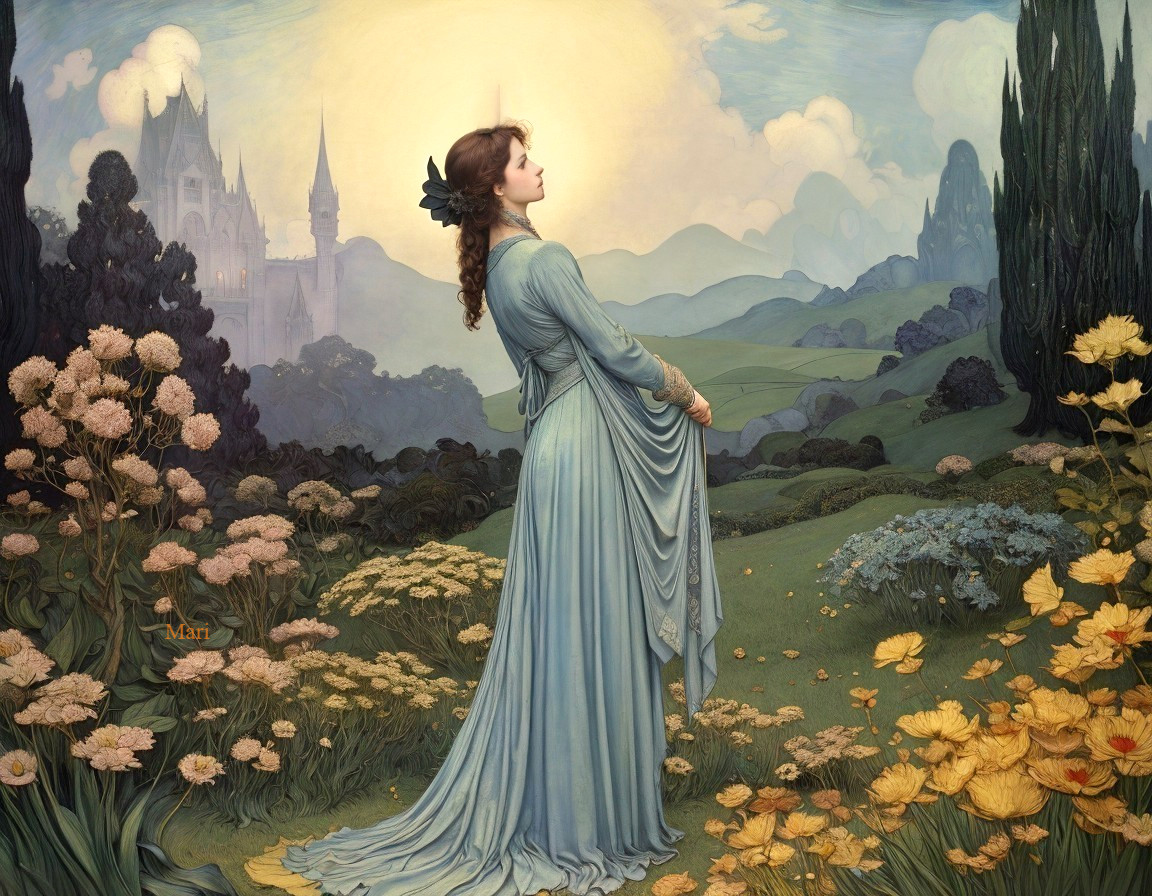 Woman in pale blue gown in vibrant landscape with castle