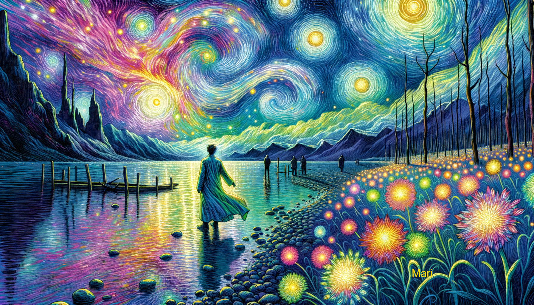 Person in cape under starry sky by serene lake