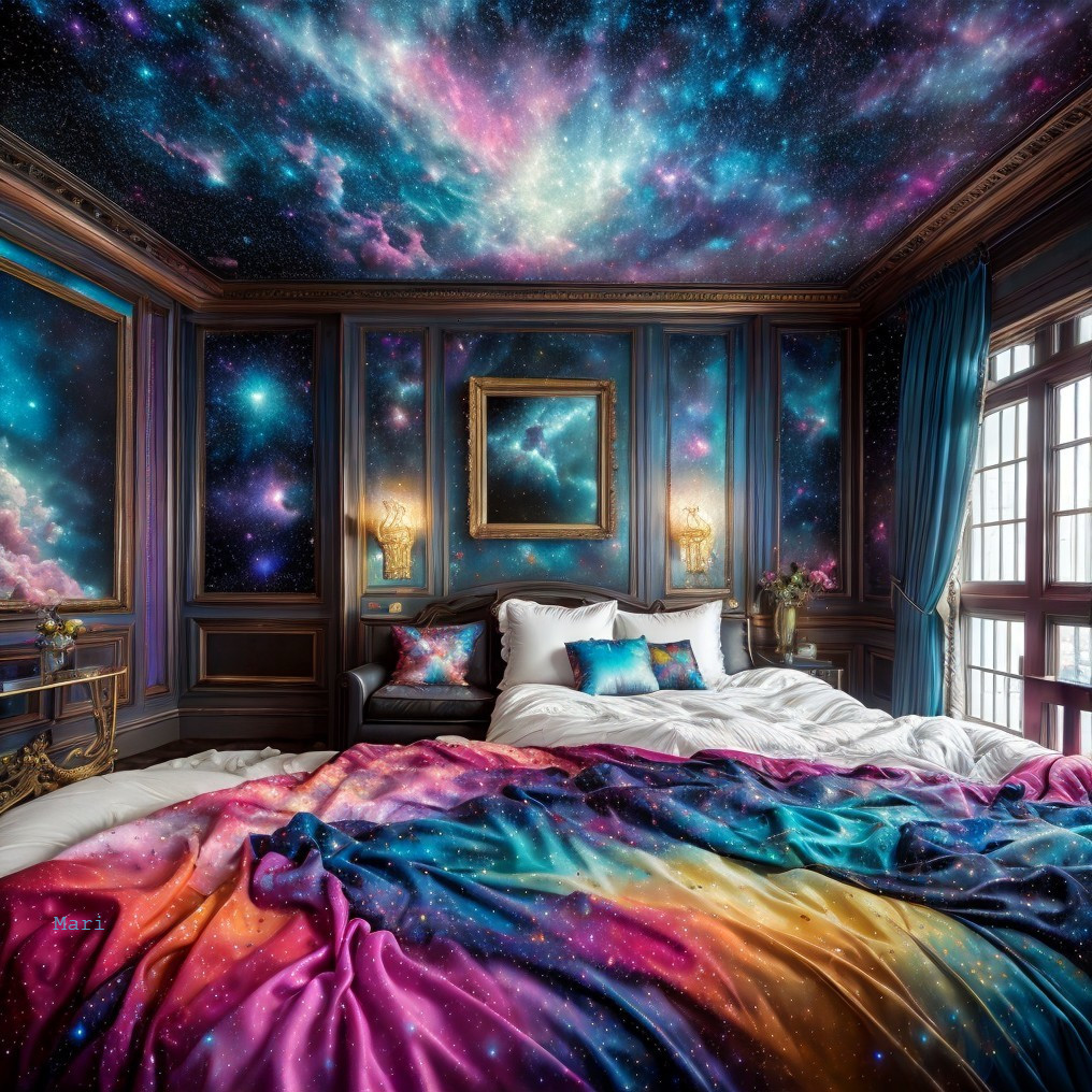 Luxurious Bedroom with Cosmic-Themed Decor and Galaxy Print