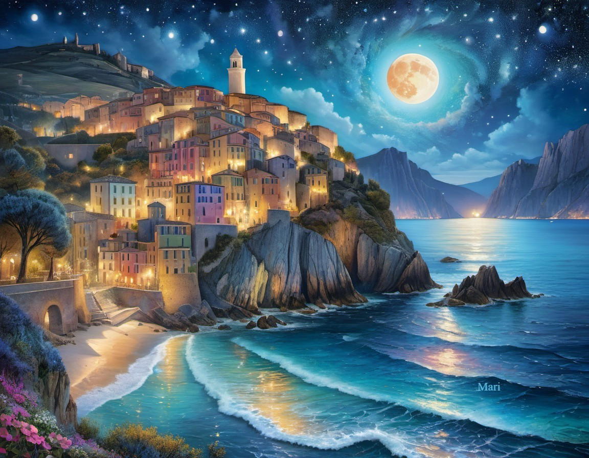 Coastal Village Under Starlit Sky and Luminous Moon