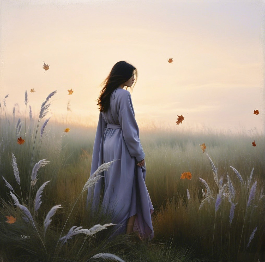 Woman in Lavender Gown in Serene Open Field