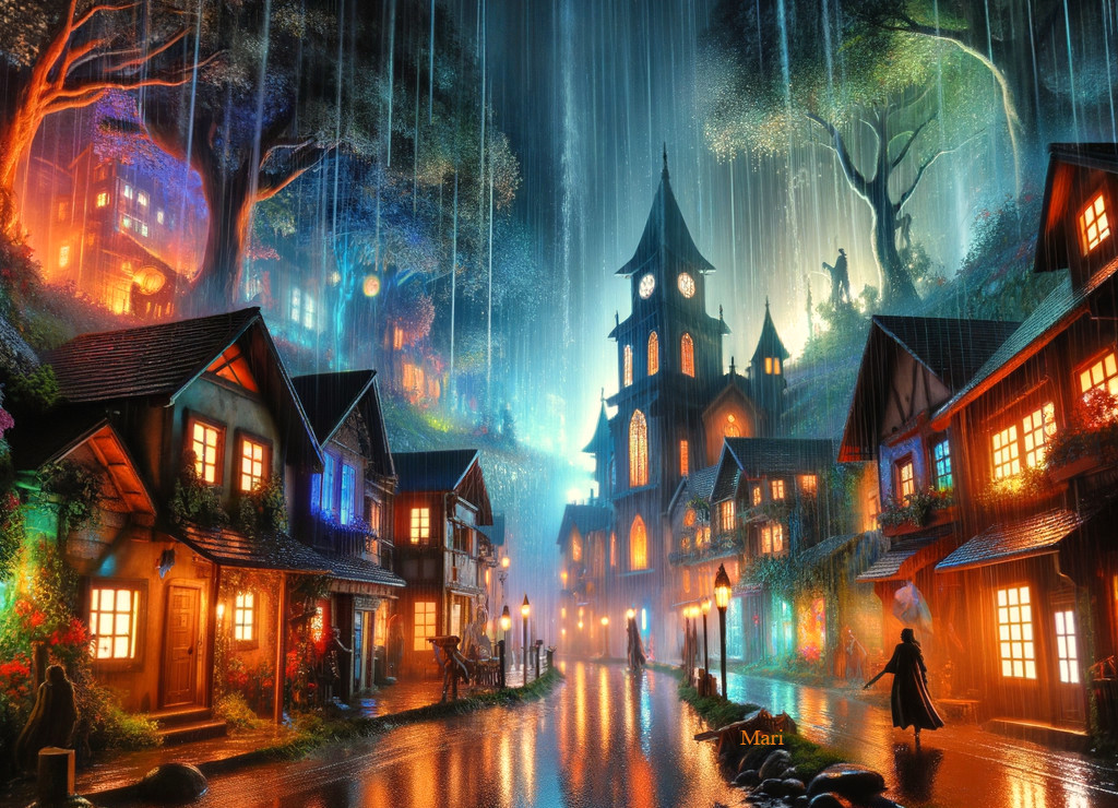 Fantasy Village with Glowing Houses and Waterfalls