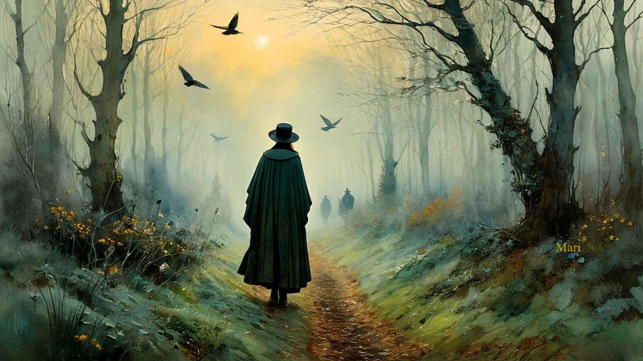 Cloaked Figure Walking in Misty Forest Path