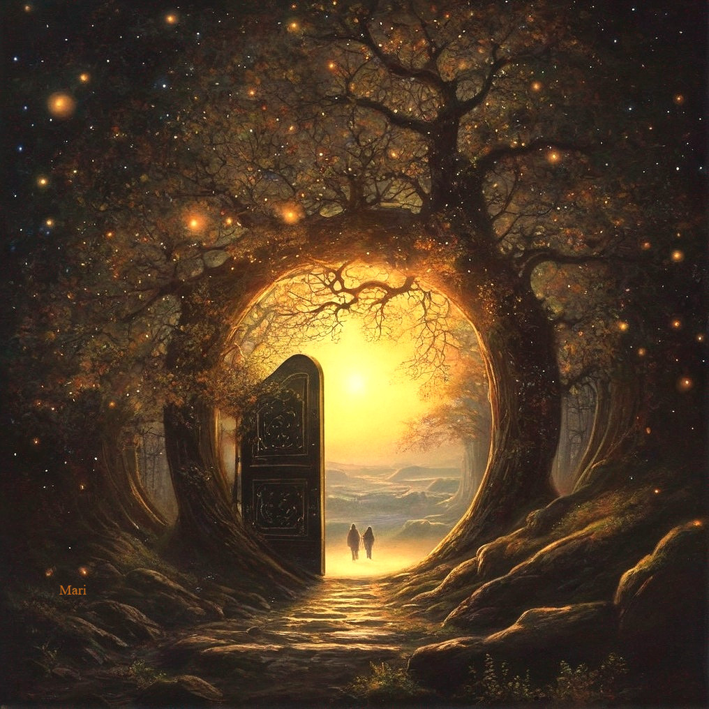 Ornate Doorway in Gnarled Trees Under Golden Light