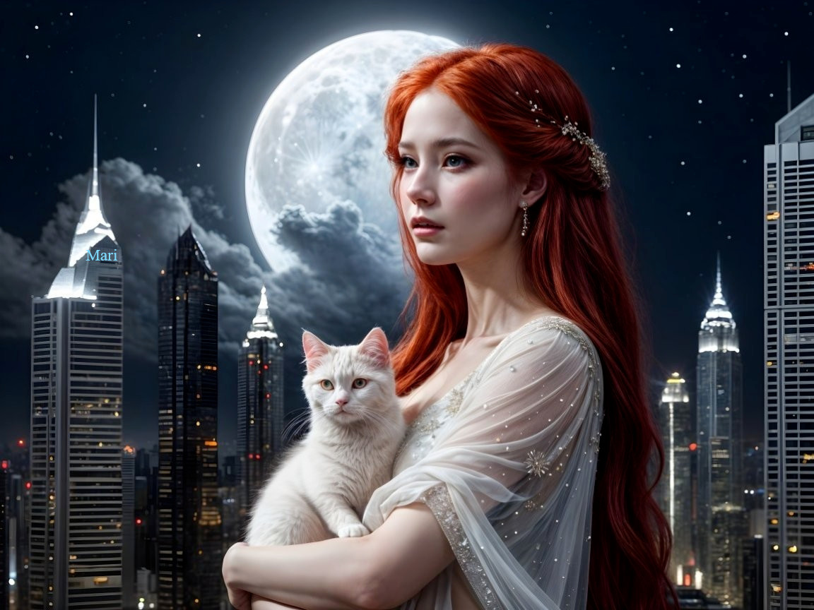 Woman in Ethereal Gown with Cat Against Night Skyline