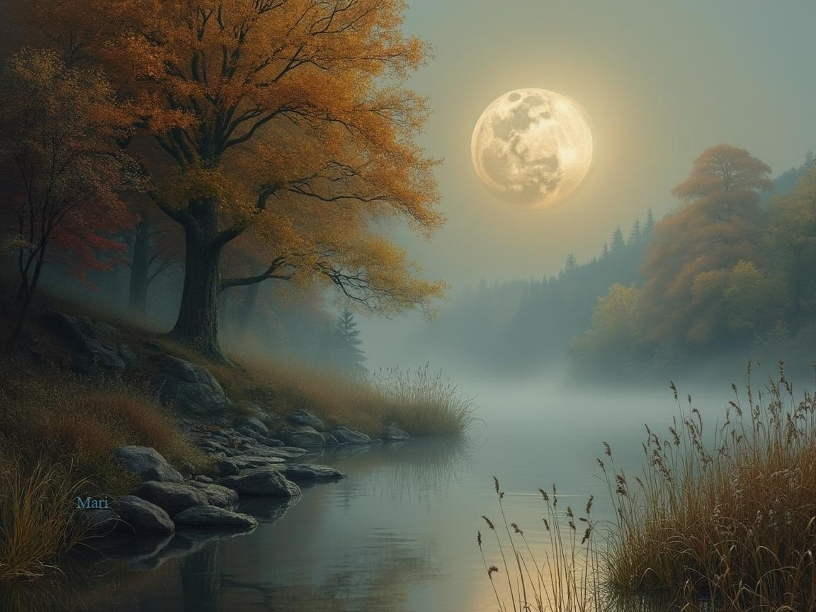 Tranquil Autumn Landscape with Moonlit River Scene