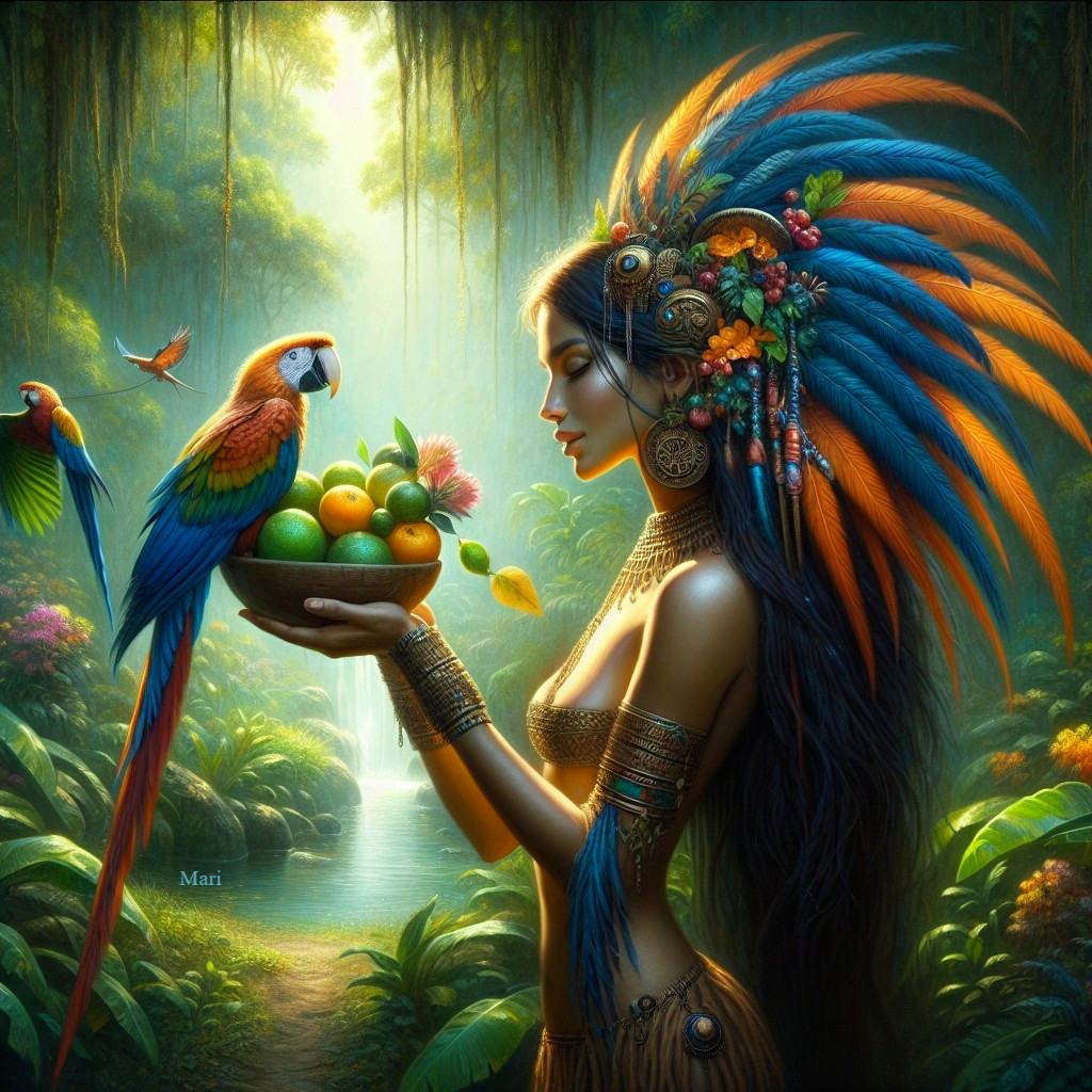 Woman in Tropical Rainforest with Fruits and Feathers