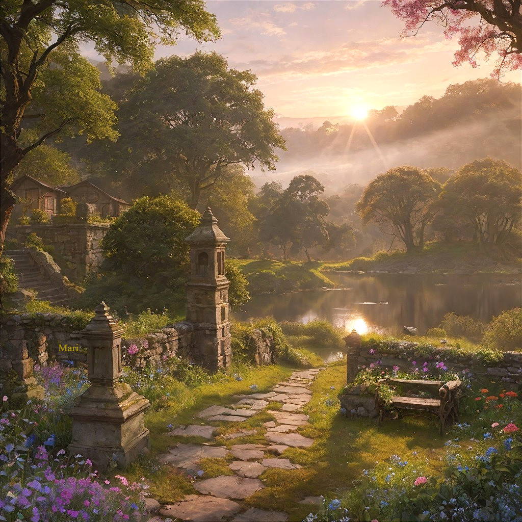 Serene landscape with a winding path and tranquil lake