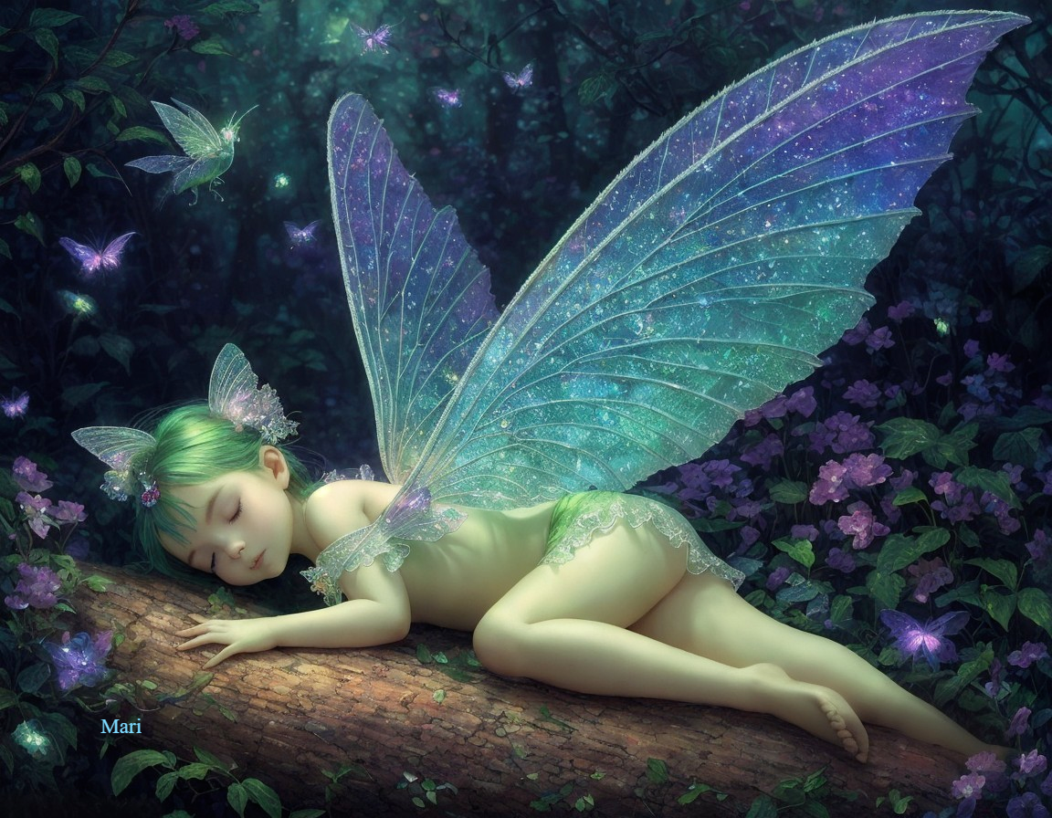 Young fairy with iridescent wings in enchanted forest