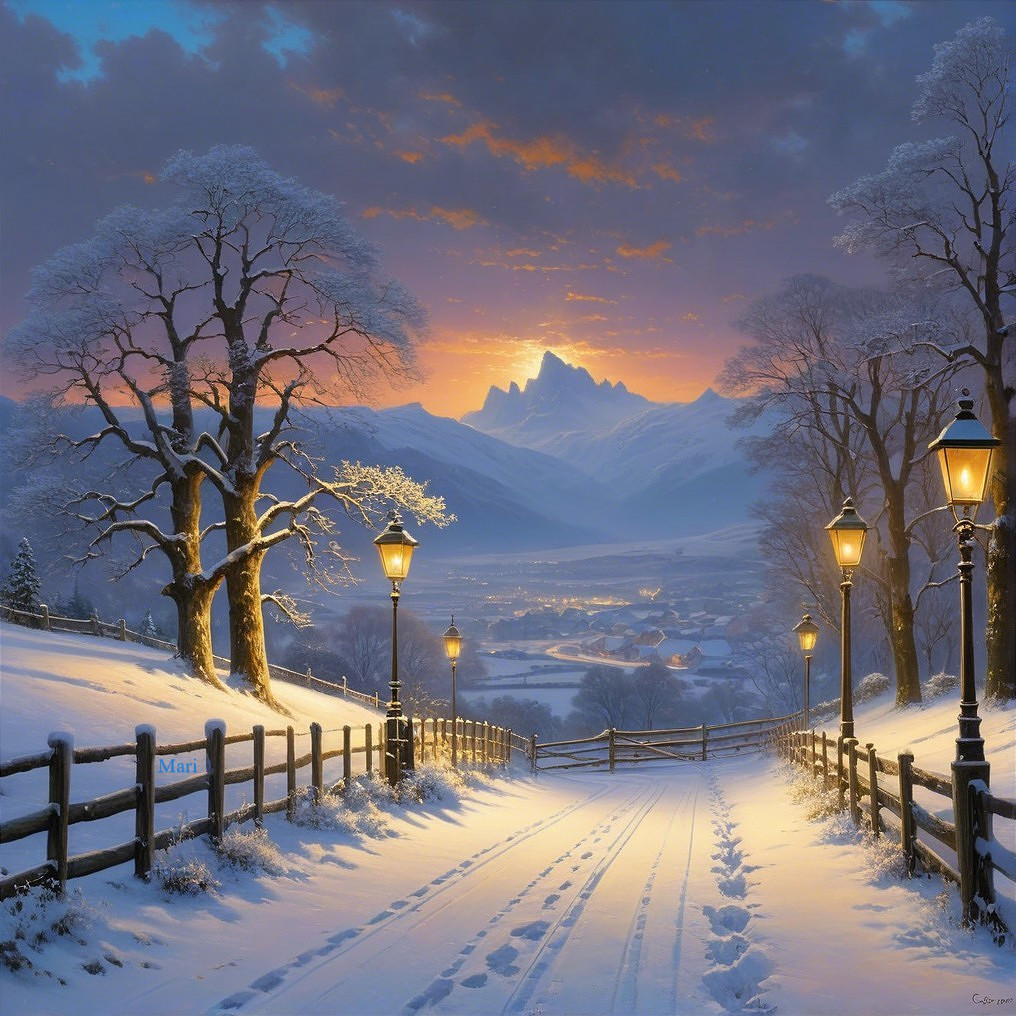 Winter Scene with Snowy Path and Frosted Trees