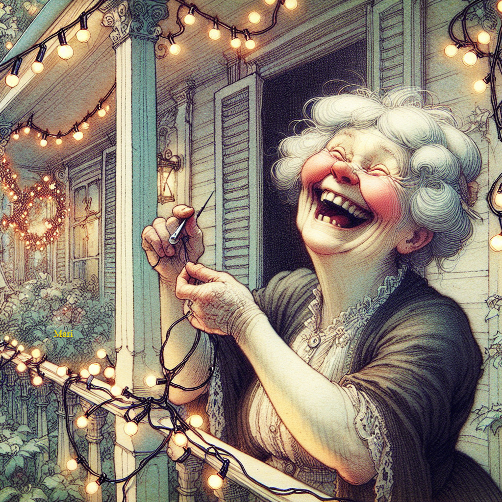 Elderly Woman Decorates Porch with String Lights