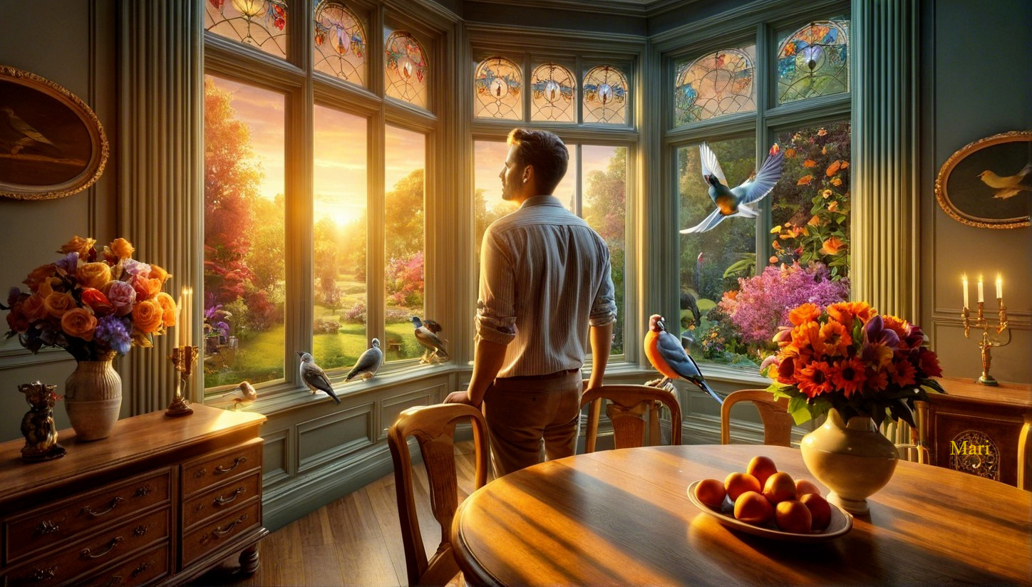 Man gazing through ornate stained glass window at garden