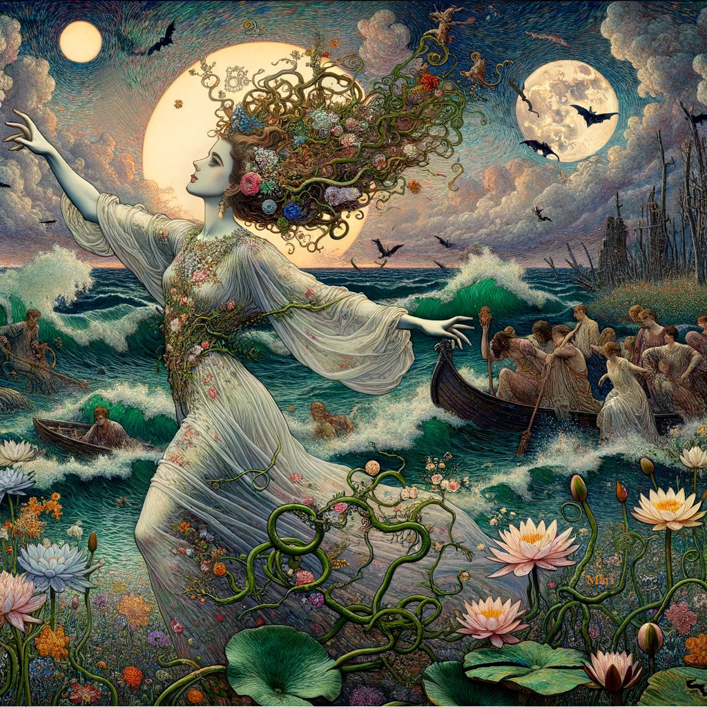 Mystical Figure Dancing Among Turbulent Waves and Flora