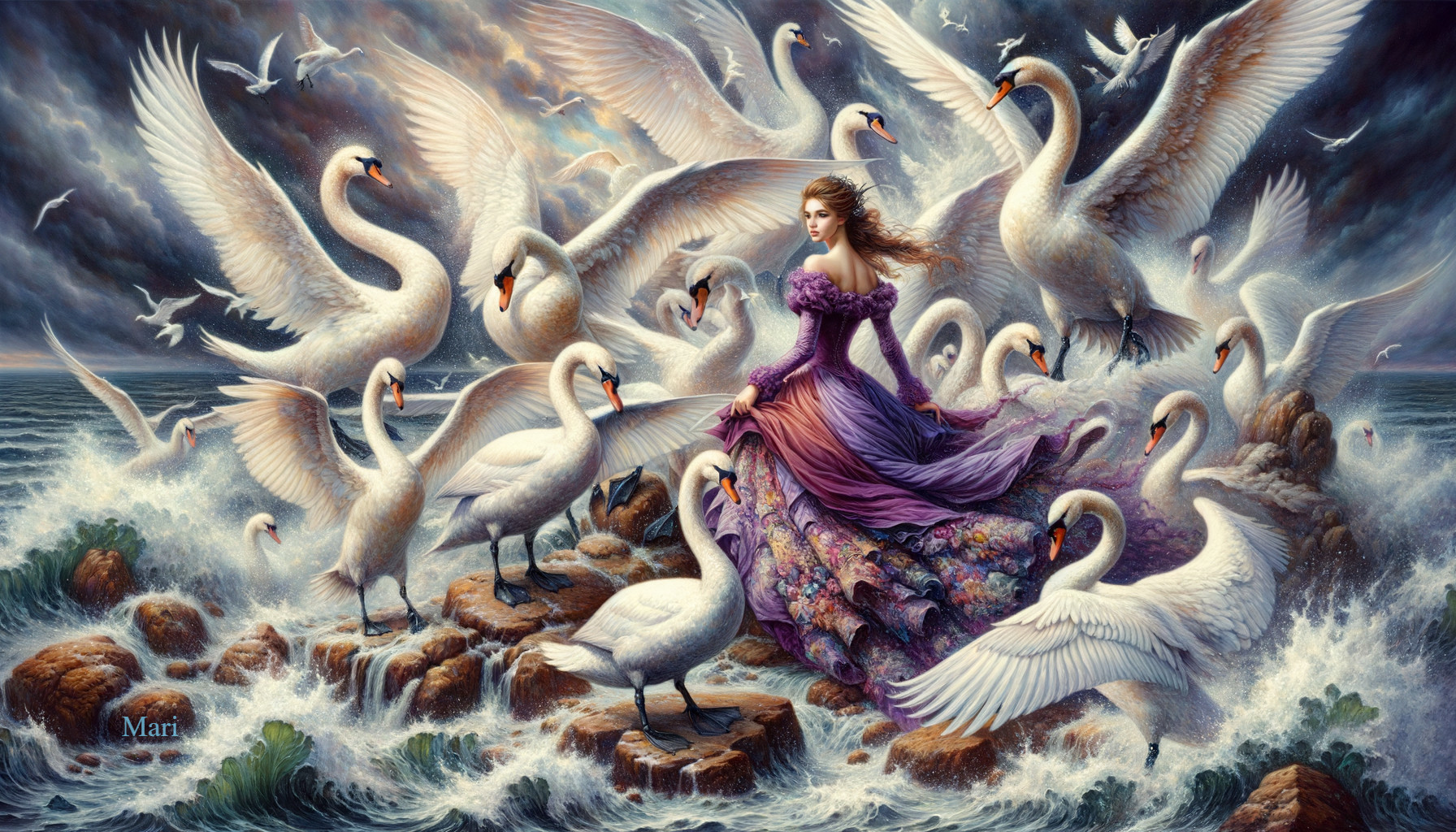Young Woman in Floral Gown Surrounded by Swans