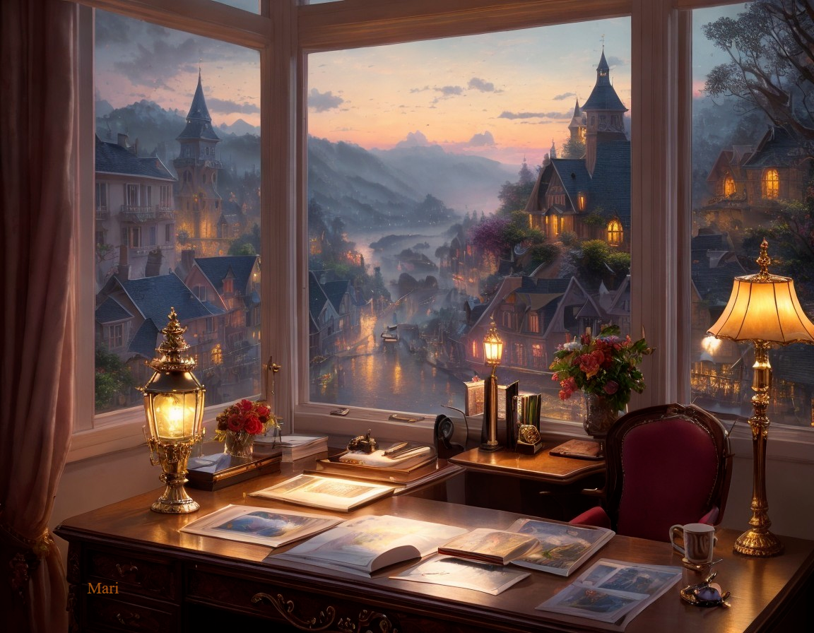 Cozy study with vintage lamp and scenic sunset view