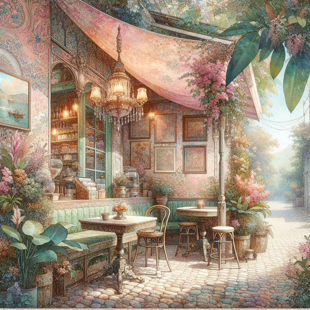 Charming Outdoor Café with Floral Decor and Lanterns