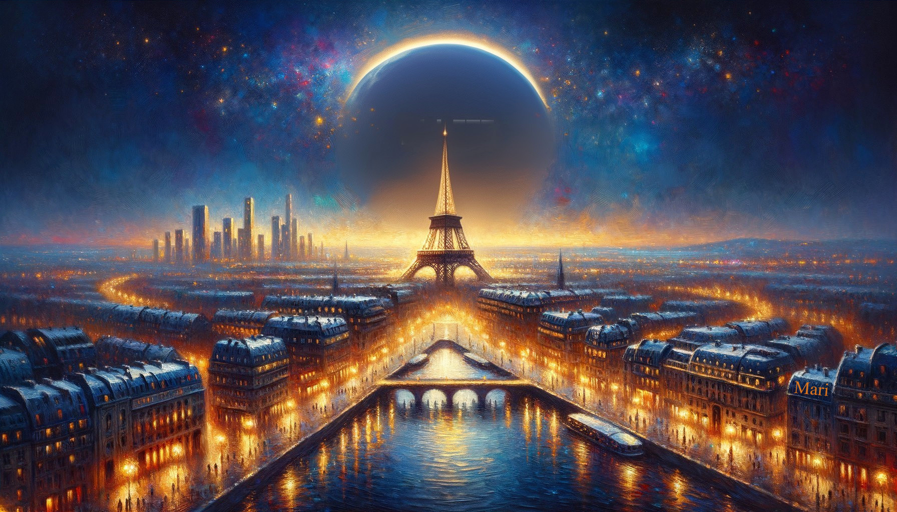 Twilight Scene of Eiffel Tower and Cosmic Eclipse