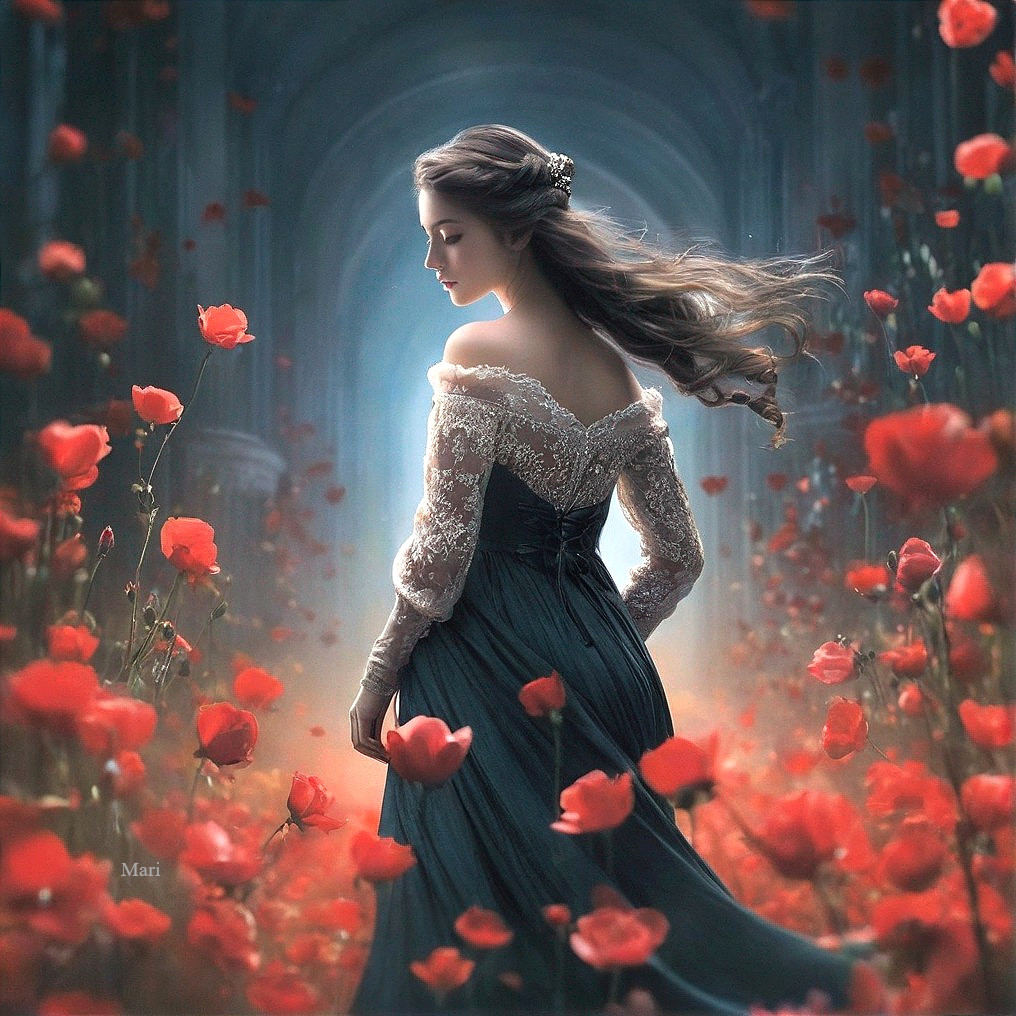Woman in Dark Gown Amidst Red Poppy Field