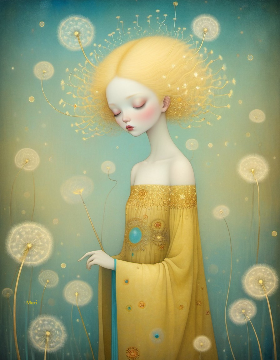 Serene figure in golden gown among drifting dandelions