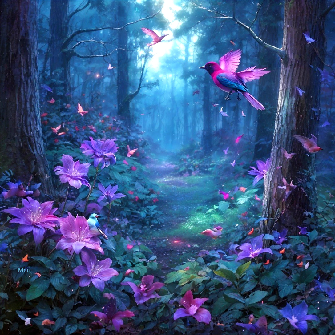 Magical Forest Scene with Ethereal Light and Wildlife